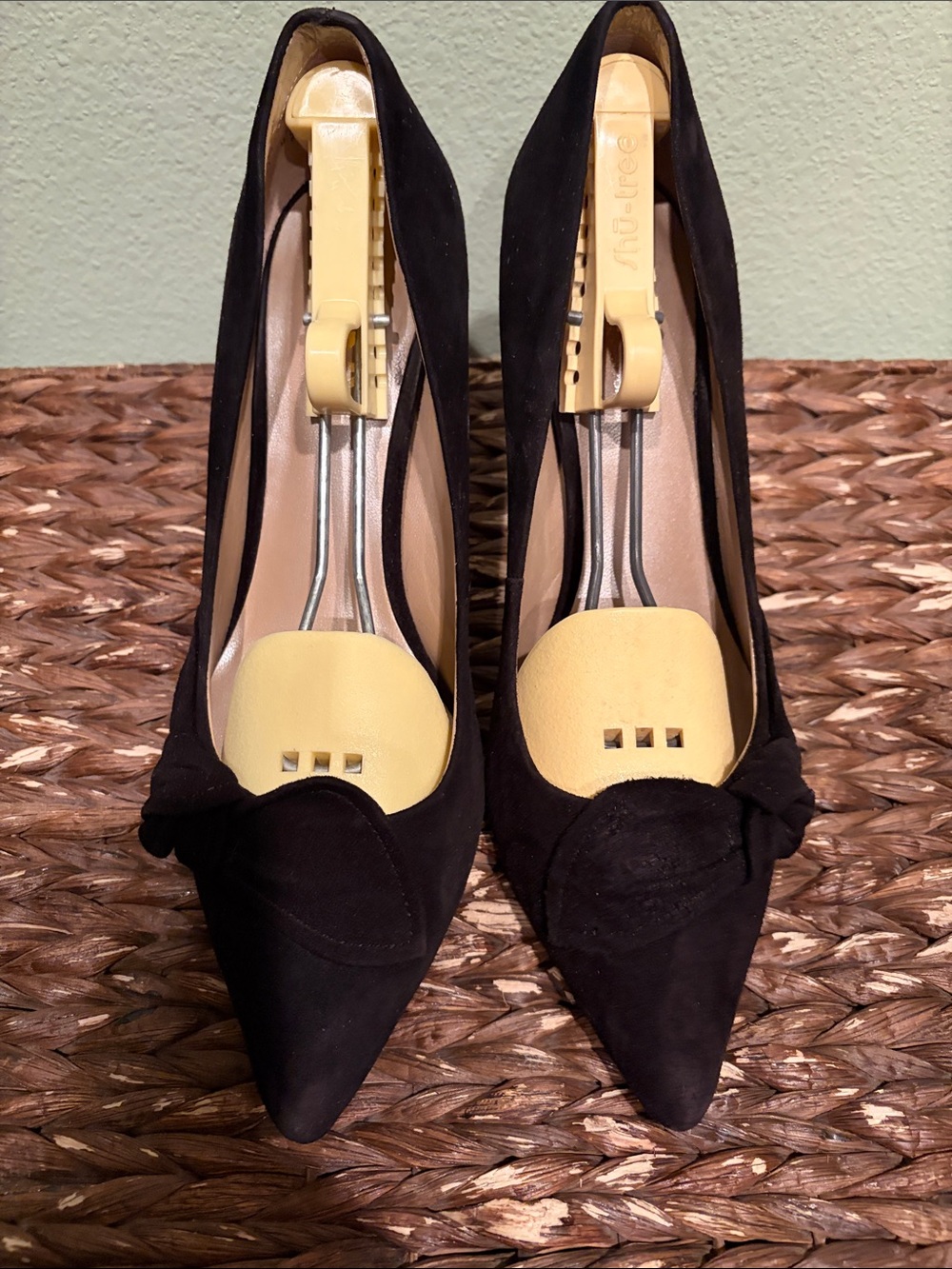 DKNY Black Suede Pointed Toe Pumps with Knot Detail